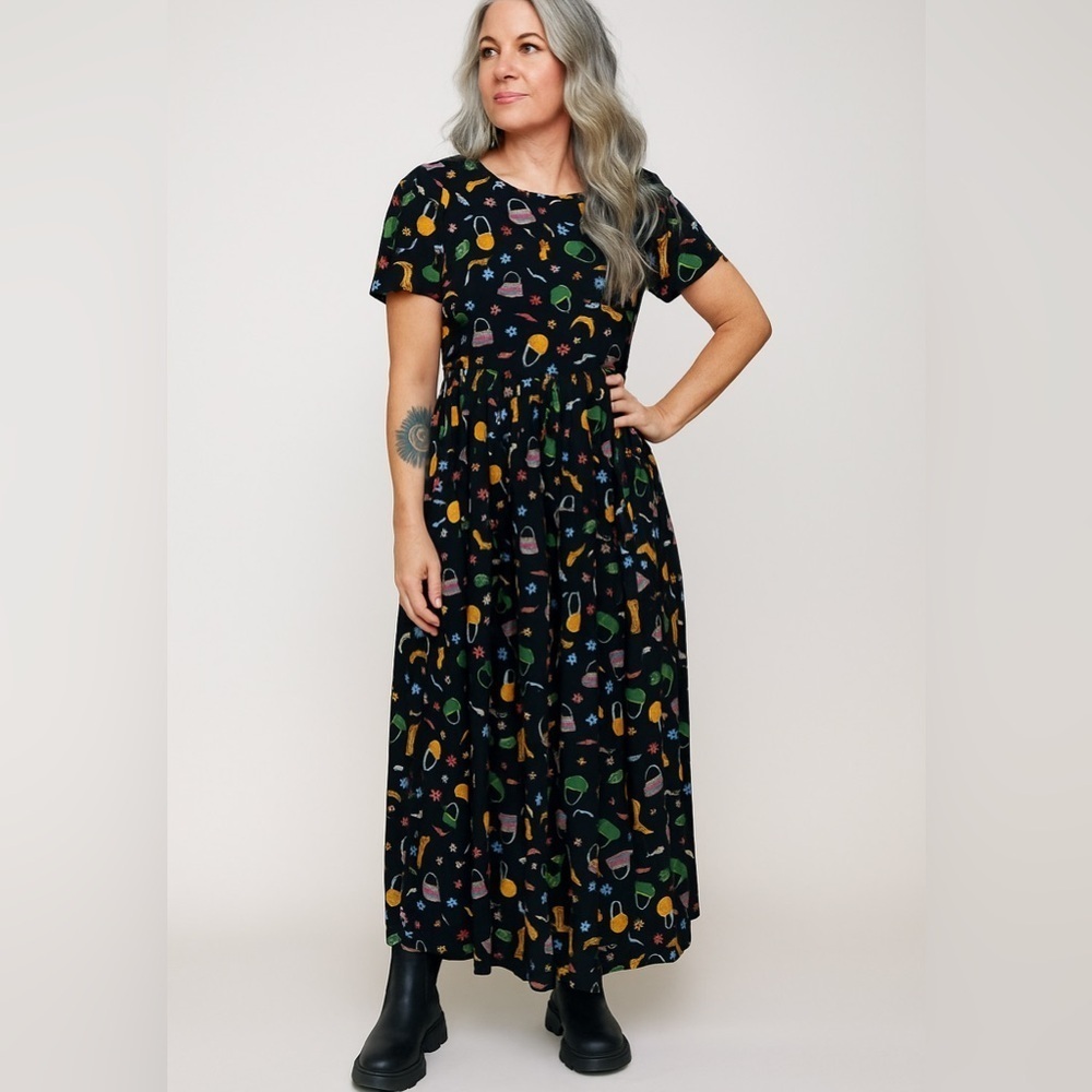 Vtg Coldwater Creek Maxi Dress in Black with Purses Cowboy Boots Print Sz S 90s